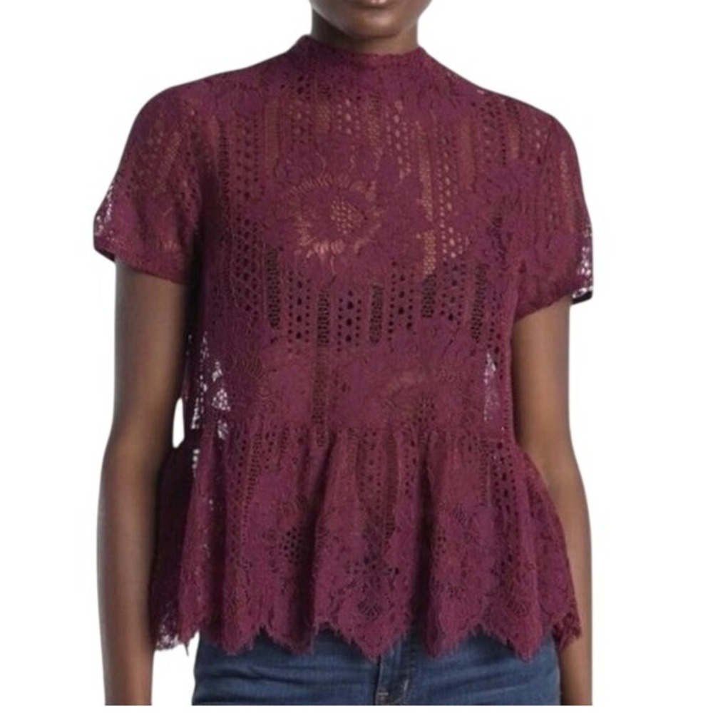 ANTHROPOLOGIE Wine Crochet and Lace Peplum Hem Blouse‎ NWOT Size XS